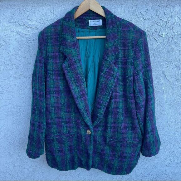 VNTG Oversized Plaid Blazer SZ 12 Purple & Green Wool Jacket Twee Preppy Quirky - Picture 1 of 7